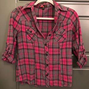 Pink grey & black fitted 3/4 length flannel shirt